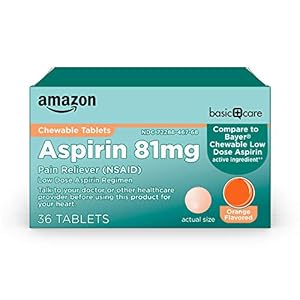 Amazon Basic Care Low Dose Chewable Aspirin 81 mg Tablets, Pain Reliever, Orange Flavor, 36 Count