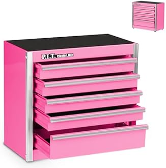 P.I.T. Mini Pink Tool Box, Portable 5-Drawer Micro Roll Cab Steel Tool Box with Liner, Pink Small Tool Case for Tools Storage, Home DIY