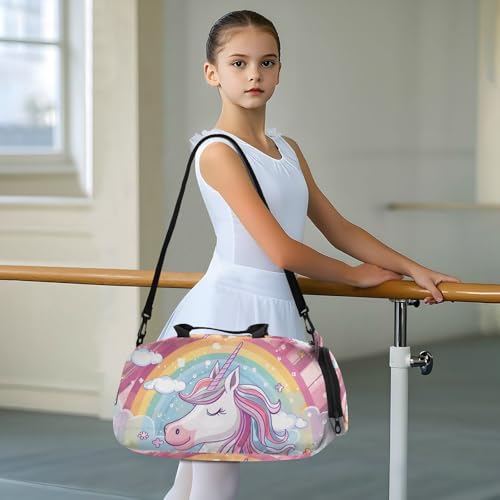 Duffle Bag Kids Gym Bag with Shoes Compartment & Wet Separation Overnight Travel Bag Unicorn and Flowers Clouds for Girl Boy 5