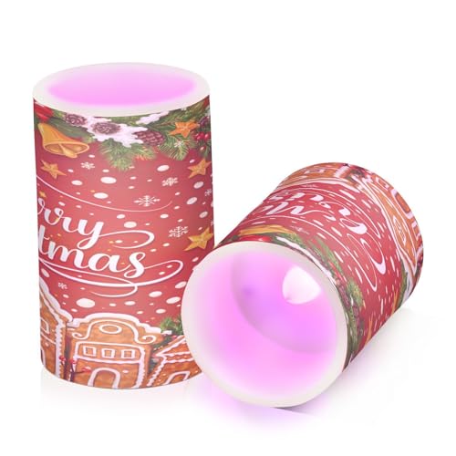 Image of Flickering Flameless Candles, Christmas Gingerbread Holly Berry Bell LED Candles with Remote Timer, Set of 2 Battery Operated Candle for Valentine Wedding Birthday