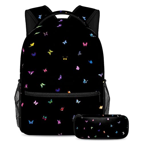 Sac à dos papillon avec trousse pour enfants et adolescents, lot de 2 cartables multicolores