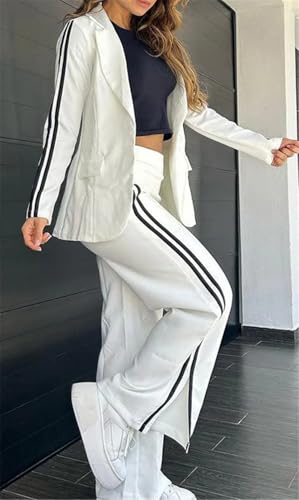Women's 2 PCS Lapel Blazer Jackets Bodycon Stripes Pants Sexy Nightclub Party Tracksuit Outfits Suit Set3