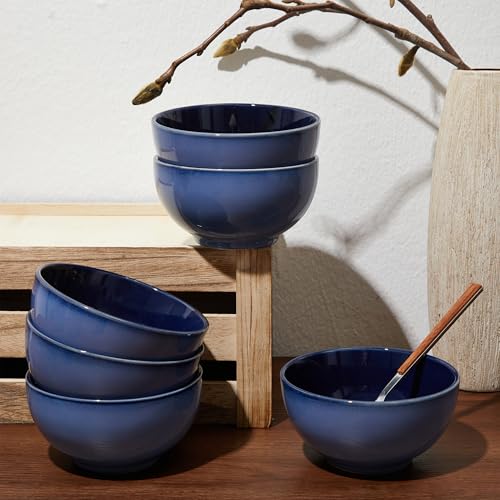 Image of Pokini 5.5 inch Stoneware Cereal Bowls Set of 6, 22 Oz Soup Bowls Set | Reactive Glaze Cereal Bowls Set for Cereal Soup Snacks, Kitchen Bowls for Meal, Dishwasher & Microwave Safe, Light Blue