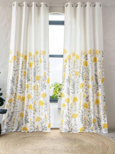 Image of Tranquebar Curtain Co. Window Curtain - Room Darkening, 152 cm (5 Feet), Yellow Floral Print, Set of 2, 100% Cotton Fabric, Eyelet, Design Mazzo- Window Curtains 5 Feet Long,Eyelets