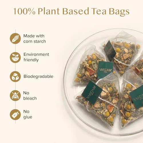 Image of VAHDAM, Chamomile Mint Citrus Green Tea Bags (100 Count) Low Caffeine, Non GMO, Gluten Free | Sweet & Floral | Resealable Ziplock Pouch | Chamomile Tea Bags