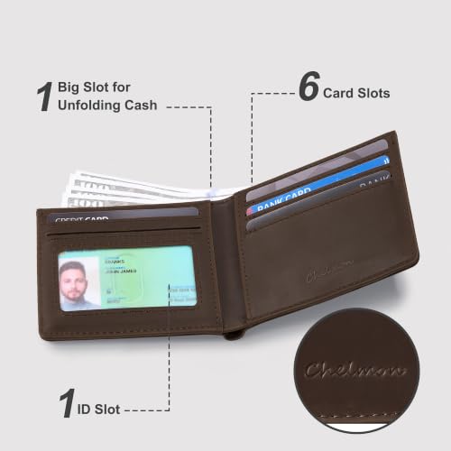 Image of Chelmon Genuine Leather Slim Wallet for Men ID Window with RFID Blocking Minimalist Mens Front Pocket Bifold Bussiness Card Holder Gift for Men, Craze Horse Brown