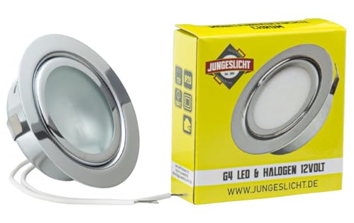 Lampada da incasso per mobili - 12 Volt AC G4, 20 Watt lampadina inclusa (dimmerabile), foro: 55-58 mm; diametro esterno: 65 mm; profondità di incasso: 30 mm; lampadina sostituibile, adatta anche per LED