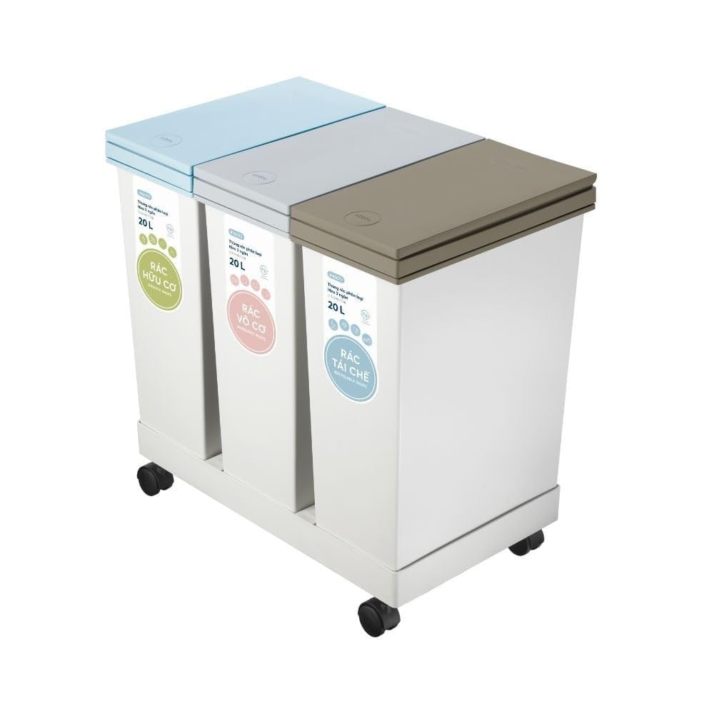 Quaro Hiro Triple Compartment Waste Sorting Bin, 20L Each, Light Blue, Milk Grey and Coffee Brown, with Wheels, Kitchen and Home Recycling-image-9