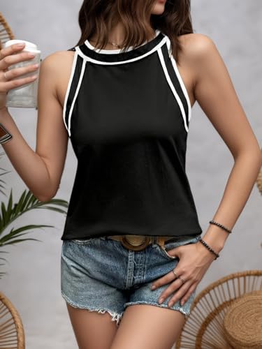 VKEGNIO Colorful Striped Halter Top Women Vintage Ribbed Knit Tank Top Summer Crew Neck Sleeveless Boho Camisole2