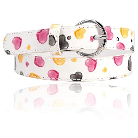 Cute children's belt for girls in kindergarten and primary school (5-10 years, waist 22-26" / 57-72 cm), beige/white with colourful hearts, belt size 25" / 65cm, total length 31" / 80 cm Cover