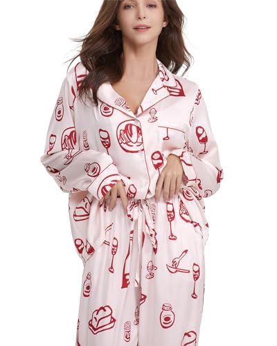 Image of YiNi LuLu Womens Silk Satin Pajamas Set Button Down 2 Piece Pjs Long Sleeve Oversized Sleepwear with Pockets