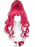 Red Pink Pony Cosplay Wig with Bangs 27.5'' Long Curly Cute Pony Costume Wigs Rose Red Ponytail Wig for Women Halloween Party Daily