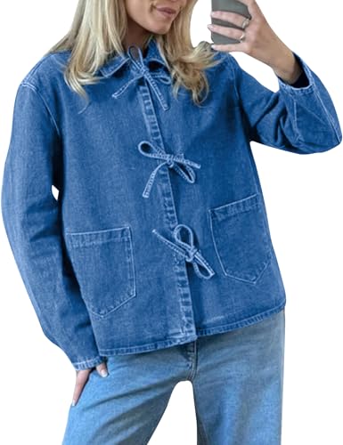 COZYPOIN Women's Tie Front Bow Denim Jacket Cropped Jean Shirts Lightweight Long Sleeve Spring Fall Y2K Top with Pockets