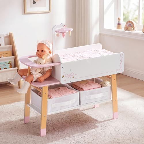 ROBUD Wooden All-in-One Baby Doll Changing Table with Mattress Removable Sink 2 Fabric Drawers Bed Bell Doll Furniture with Realistic Details for Kids 3+ Fits Dolls Up to 20 in Pink