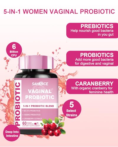 Image of Vaginal Probiotics Supplement for Women, 70mg Female V-Probiotic Blend(6B CFU), Lactobacillus with Prebiotic & Cranberry Extract for Vaginal Odor, pH Balance, Organic Prebiotic Supplement(60 Capsules)