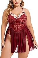 Sexy Creations Womens Plus Size Lace Floral Knee Length Babydoll Nightwear Set with G-String Panty (XXXX-Large, Maroon)