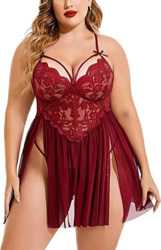 Image of Beautiful Creations Womens Plus Size Lace Floral Knee Length Babydoll Nightwear Set with G-String Panty