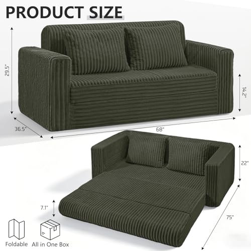 Image of HABUTWAY 68 inch Loveseat Boneless Couch, 4-in-1 Convertible Sofa Bed, Plush Fur Folding Futon Sofa Bed Couches with 2 Pillows for Living Room, High-Density Foam Support, No Assembly Required, Green