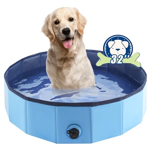 Foldable Dog Bath Swimming Pool Plastic Kiddie Pool Professional Tub Collapsible Grooming Bathtub for Pets Kids Baby and Toddler, 32 x 8 Inches Blue