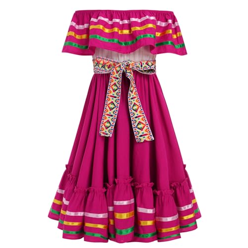 OMEWEE Cinco De Mayo Fiesta Robe traditionnelle avec ceinture Costume indien mexicain sans manches à volants Robe de fête culturelle mexicaine, Rose, 6-7 ans