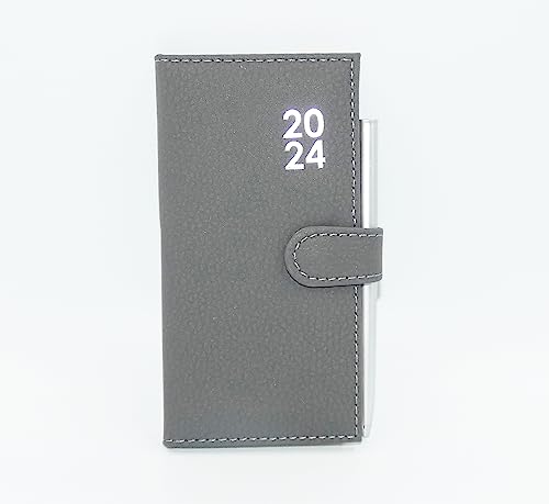 2024 Week to View Slim Diary Soft Leather Feel 16 x 8.5cm Size Journal with Pen Grey