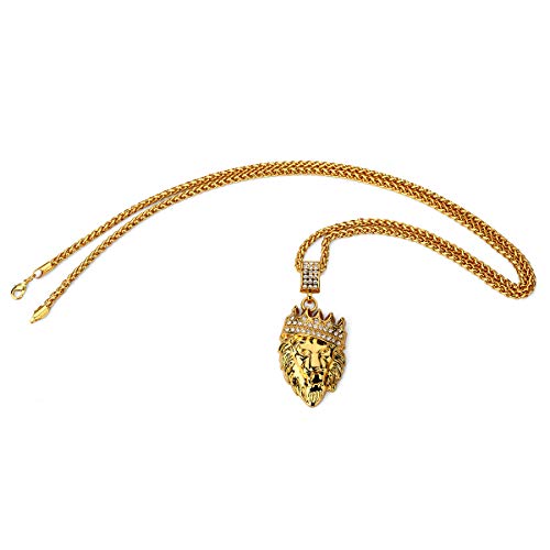 Ahier Hip Hop Jewelry 18K Gold Plated Crown Lion Head Pendant Necklace Iced Out Clear Rhinestones With Chain Necklace 30Inch #TOP2