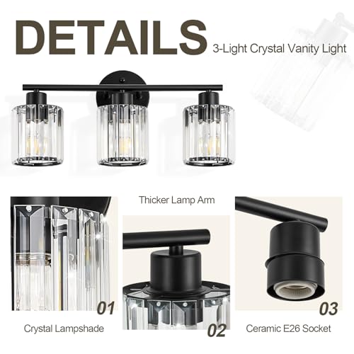 Image of Modern Black Crystal Bathroom Light Fixtures,3-Light