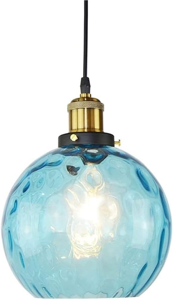 Modern Blue Glass Light, Globe Mini Chandelier with Hammered Lamp Shade, Single Hanging Ceiling Light, Suspension Lighting for Dining Room, Kitchen Island, Cafe, Bar(Dia25Cm)/ Color/Dia-20Cm
