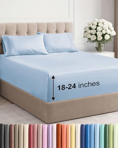 Image of Extra Deep Twin Sheet Set - 4 Piece Breathable & Cooling Sheets - Sky Blue | Hotel Luxury Bed Sheets Set, Easy & Secure Fit, Ultra-Soft, Wrinkle & Fade Free, Comfy Sheets Set with Extra Deep Pockets