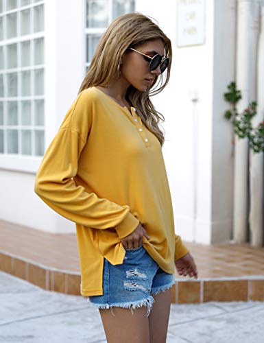 Blooming Jelly Women's Long Sleeve Shirts V Neck Tunic Tops Henley Loose Pullover Lightweight with Buttons(XLarge,Yellow)