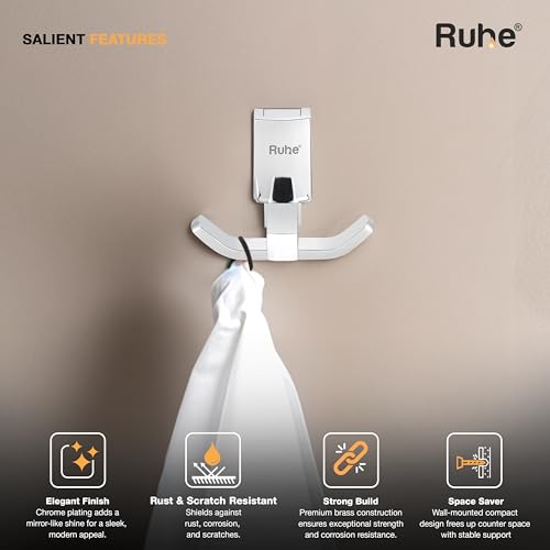 Image of Ruhe Erica Modern Robe Hook | Multipurpose Wall Mounted Hanger for Robe, Towel, and Clothes | Brass Hook with Chrome Finish for Bathroom, Kitchen and Home