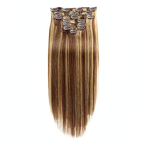 Human Hair Extensions Clip ins Remy Hair Silky Straight Brazilian Virgin Hair Clips in Full Head 8Pcs/set 100g/3.5oz 16 inch #4/27 Medium brown/Dark Blonde