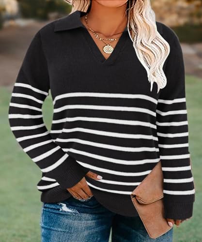 Image of CARCOS Plus Size Sweaters for Women Long Sleeve Pullover Sweaters Lapel Collared Vneck Knit Jumper Tops Fall Winter XL-5XL