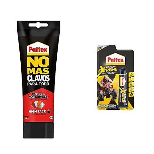 Pattex No Más Clavos Para Todo HighTack, adhesivo de montaje resistente a temperaturas extremas + Repair Extreme, pegamento multiusos que no contrae,