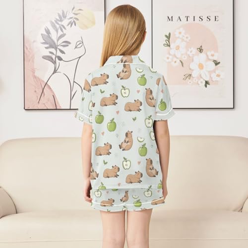 Satin Pajama Sets Short Sleeve Cute Animals Hearts Button Down Silky Nightwear 2 Piece PJS 5-14Y4
