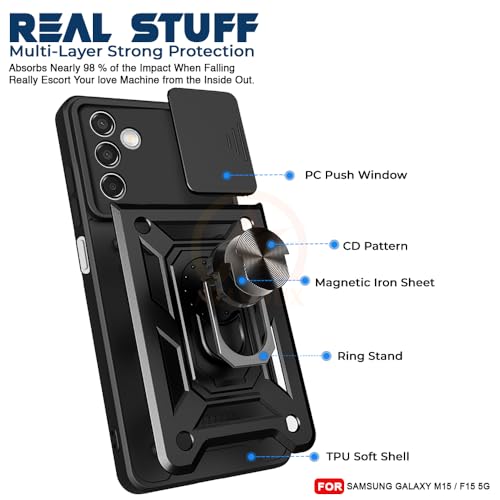 Image of Armor Bumper Back Cover Case for Samsung M15 / F15 | Rotating Camera Cover, Ring Holder & Kickstand | Heavy Duty & 360 Degree Protection Samsung M15 / F15 Back Cover (Black)