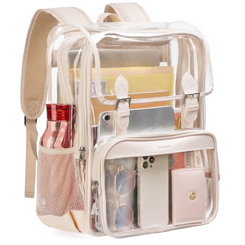 Image of Vorspack Heavy Duty Clear Backpack - Large See Through Bookbag Transparent Backpacks for College, Work, Travel - Apricot