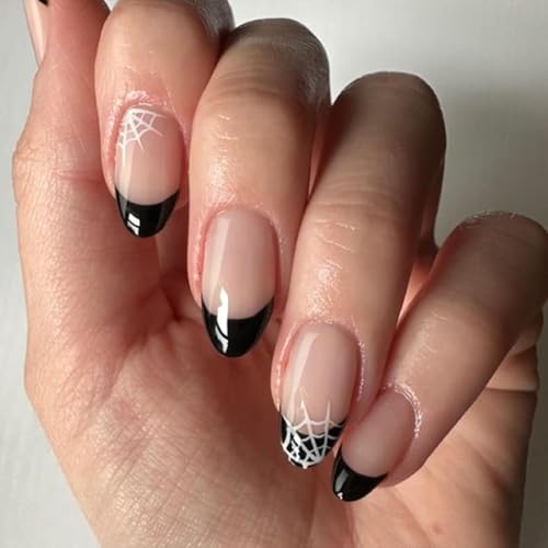 Almond Press on Nails Medium Length Black French Tip Halloween Fa...