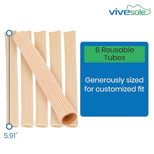 Vivesole Toe Sleeve Protector Tubes - Cushion Fabric With Gel Lining (6 Pack) Finger Toe Separator Tubing For Bunion, Hammer Toe, Callus Corn, Blister #TOP5
