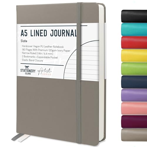 Stationery Island Cuaderno Rayado A5, Tapa Dura con Forro de Libreta con Papel Grueso Premium de 120 g/m², 180 Páginas de Tapa Dura con Rayas Para Escribir, Estudiar, Planificar, Gris