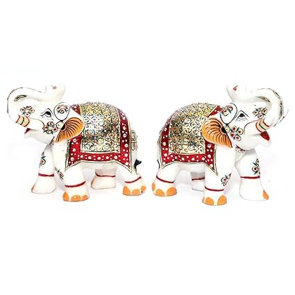 ANUSHKA ARTS Marble Elephant Pair (Big) with Golden Meenakari Work for Decoration and Pooja for Home & Office (Multi,15x8.5x12.5)
