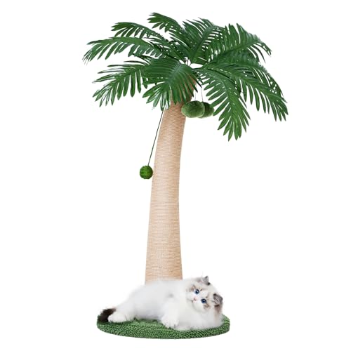 Image of 43.3inch Palm Tree Shape Style Sisal Cat Tree Scratching Post Cats, Wear Resistant Cat Claw Scratcher with Plush Stable Base & Hanging Toy Ball, Green