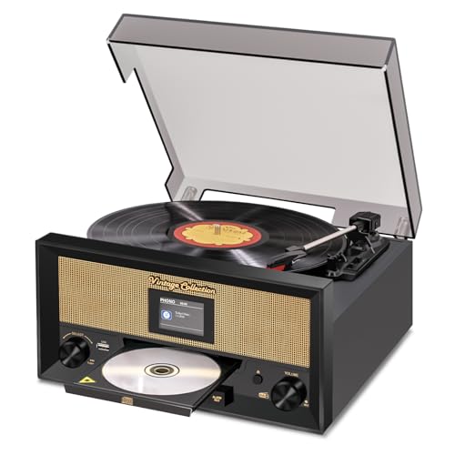 9-in-1 CD and Vinyl Player Bluetooth Record Player 3-Speed Turntable CD Player FM & DAB Radio USB Playback/Recording AUX in RCA Line Out & Headphone Jack for Home Decor Music Center