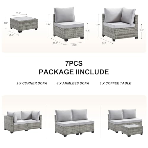 CANMOV 7 Pieces Patio Furniture Sets, All Weather Outdoor Patio Conversation Set PE, Wicker Sectional Rattan Sofa Couch with Glass Coffee Table for Garden, Poolside, Balcony, Backyard, Light Grey - Image 3