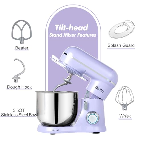 Image of Kitchen in the Box Stand Mixer, 3.5 QT Small Kitchen Electric Stand Mixers, 10-Speed Portable Lightweight Dough Mixer for Daily Use with Egg Whisk, Dough Hook, Beater (Lavender Purple)