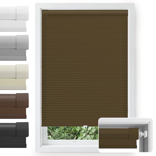 No Drill Cordless Cellular Shades, 30s Easy Install Honeycomb Window Shades, Light Filtering Thermal Insulated Blinds for Bedroom Kitchen Bathroom(Brown, 27" W x 36" H)