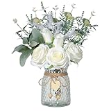 Floralsecret Faux Flowers with Vase Artificial White Rose Flowers in Vase Fake Eucalyptus Plant Floral Arrangement for Table Centerpieces, Home Kitchen Office Coffee Shop Decorations