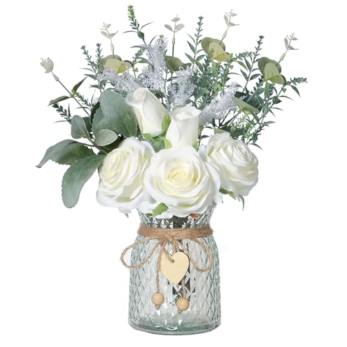 Floralsecret Faux Flowers with Vase Artificial White Rose Flowers in Vase Fake Eucalyptus Plant Floral Arrangement for Table Centerpieces Home Kitchen Office Coffee Shop Decorations