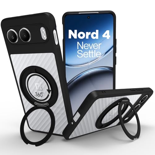 Image of RIGGEAR Shockproof Sleek Hybrid Armor 360 Rotating Magnetic Ring Stand Back Cover Case Compatible with MagSafe Accessories for OnePlus Nord 4 5G (Clear PC + Black TPU Bumper)