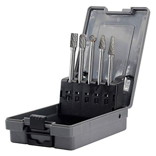 YUFUTOL Carbide Burrs Set - 5pcs diameter Extended Long Double Cut Solid Carbide Rotary Burr File Set 1/4 Inch Shank for Die Grinder Drill, Metal Carving,Polishing,Engraving,Drilling
